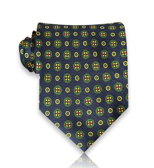 Malvezzi - Navy and Green Medallion Silk Tie – Refined Elegance with European Flair