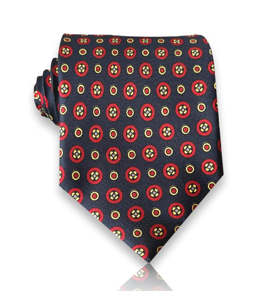 Malvezzi - Navy and Red Medallion Silk Tie – Classic Charm with European Artistry