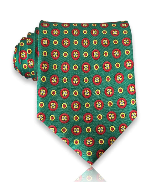 Malvezzi - Green and Red Medallion Silk Tie – Bold Character with European Finesse