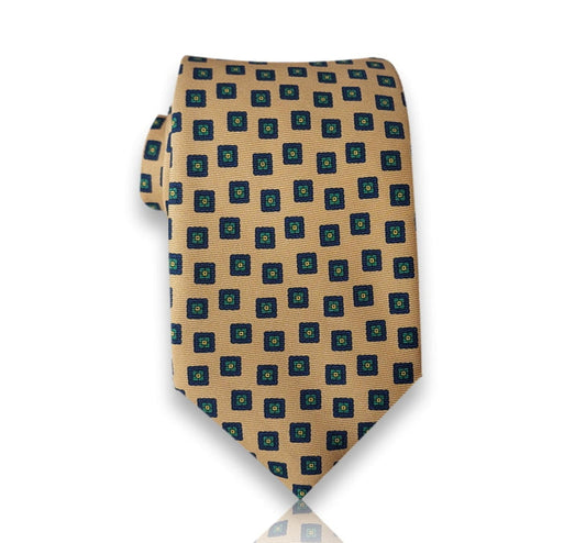 D'Arco - Beige and Blue Geometric Silk Tie – Understated Charm with European Craftsmanship