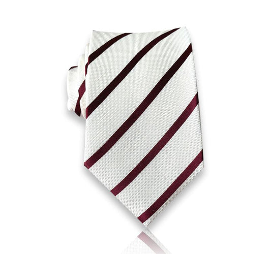 La Vauguyon - White Silk Tie with Burgundy Diagonal Stripes – Classic Elegance with Bold Contrast