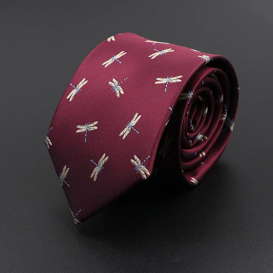 De Cugnac - Burgundy Tie with Beige Dragonfly Pattern – Playful Sophistication in Rich Hues