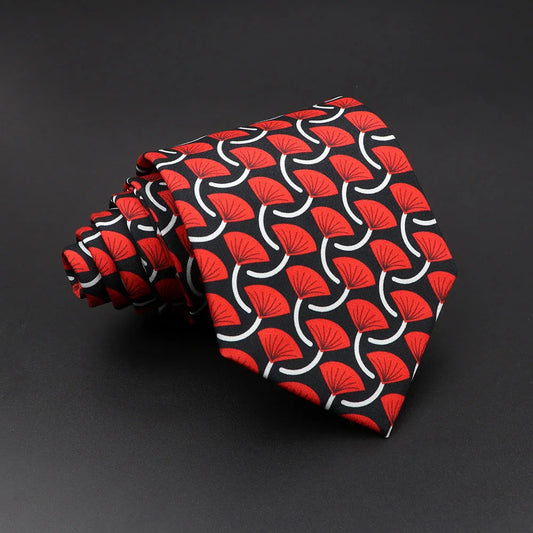Bochart - Black Tie with Red and White Fan Leaf Pattern