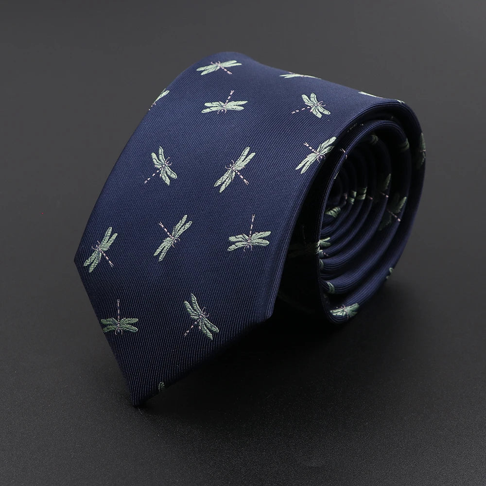 De Cugnac - Navy Tie with Green Dragonfly Pattern – Nature-Inspired Sophistication