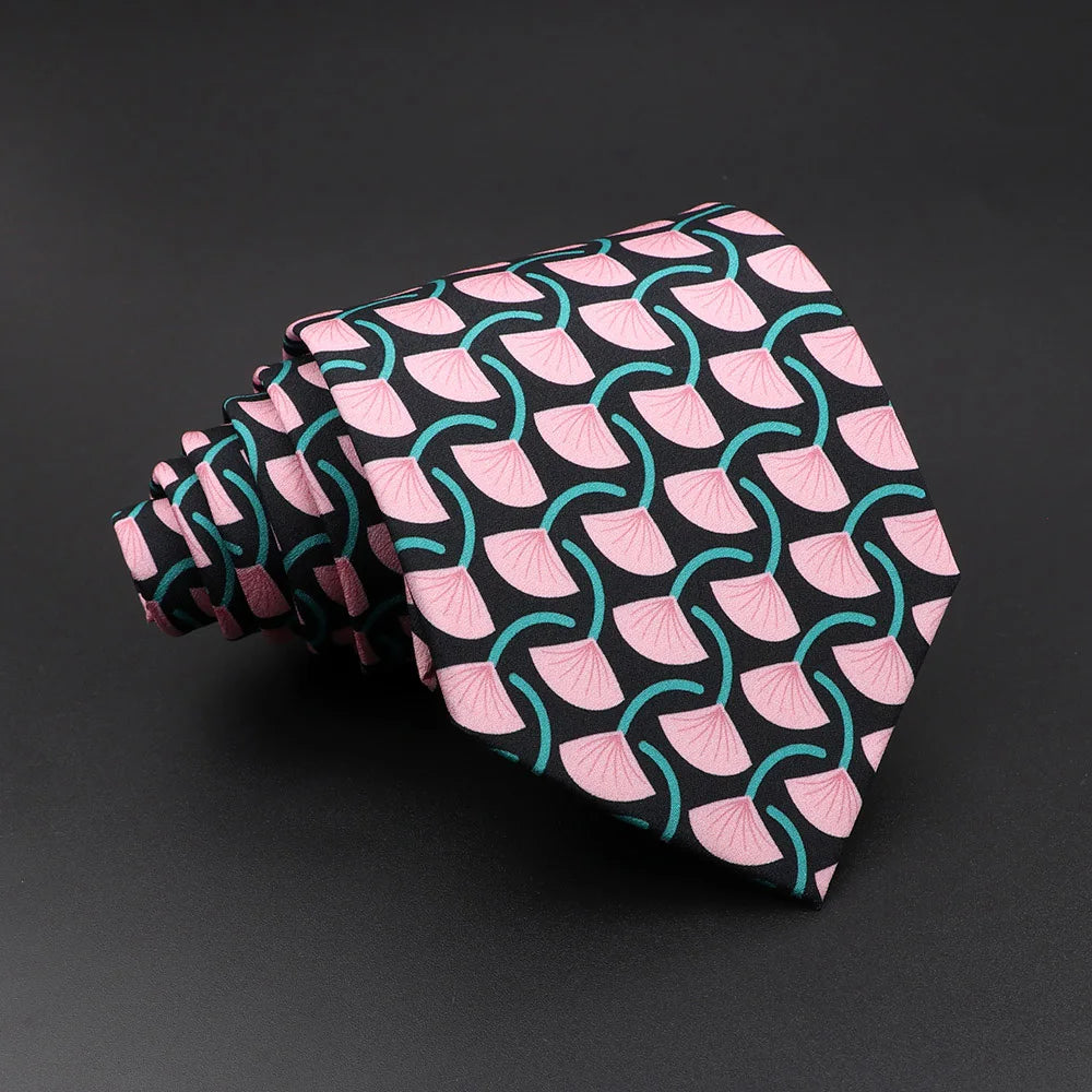 Bochart - Black Tie with Pink and Teal Fan Leaf Pattern