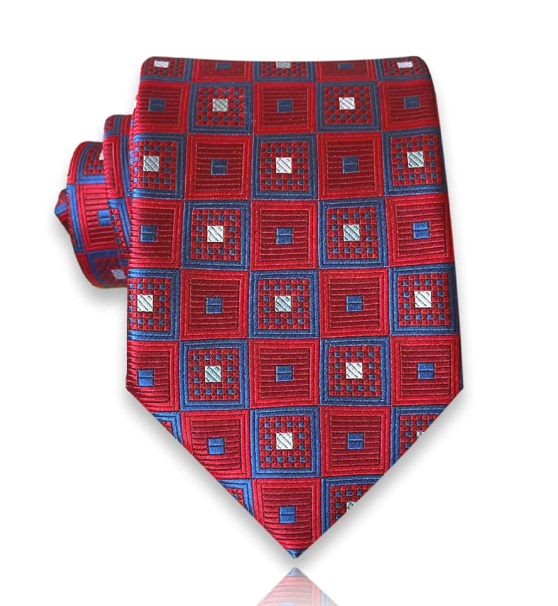 Scarlet jacquard silk tie with cobalt square medallions