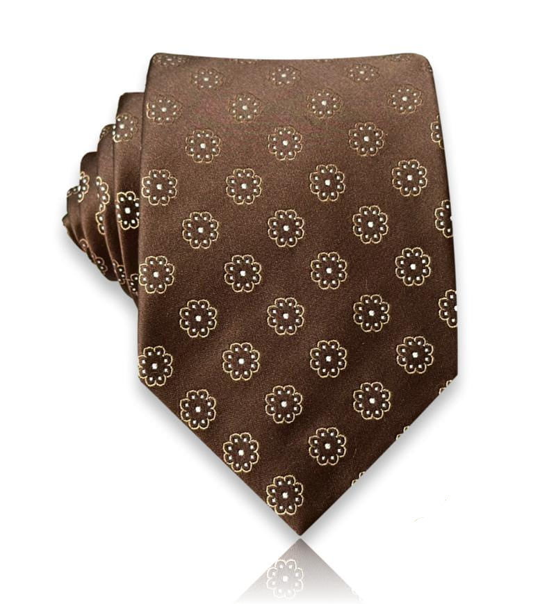 Chocolate brown jacquard silk tie with cream rosettes
