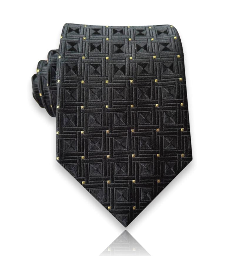Onyx black jacquard silk tie with gold panel accents