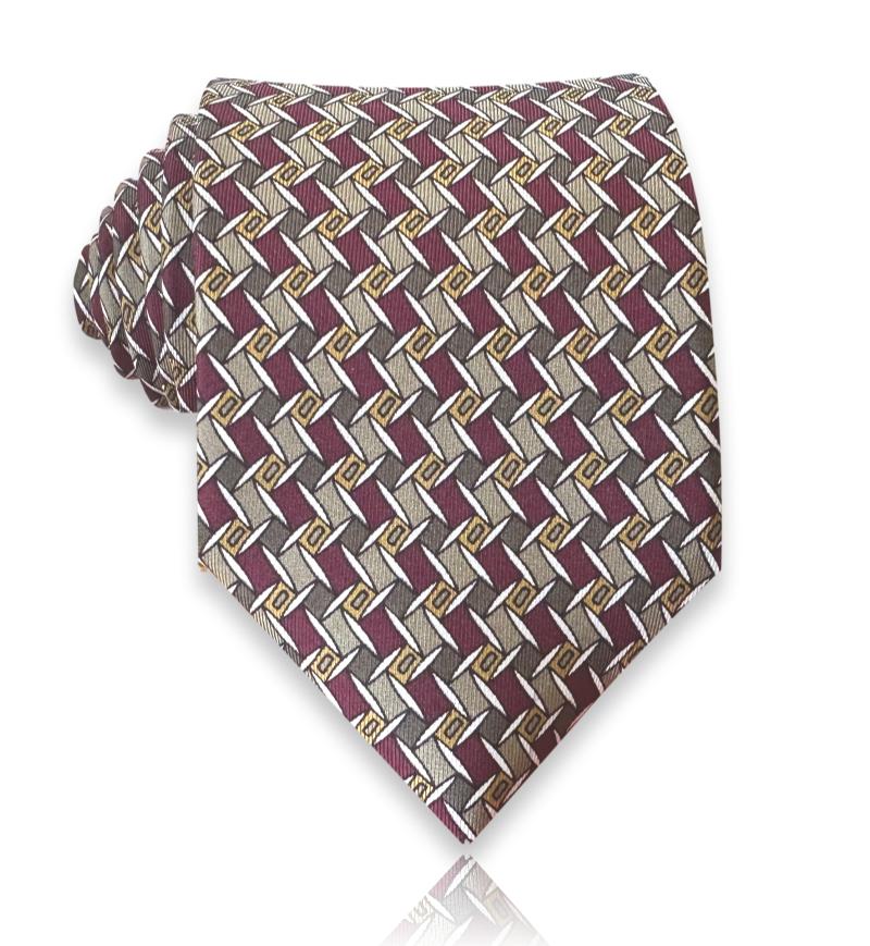 Burgundy jacquard silk tie with cream basketweave pattern