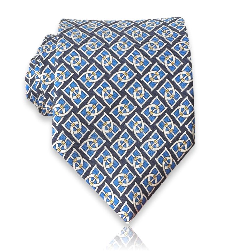 Navy jacquard silk tie with gold ring lattice
