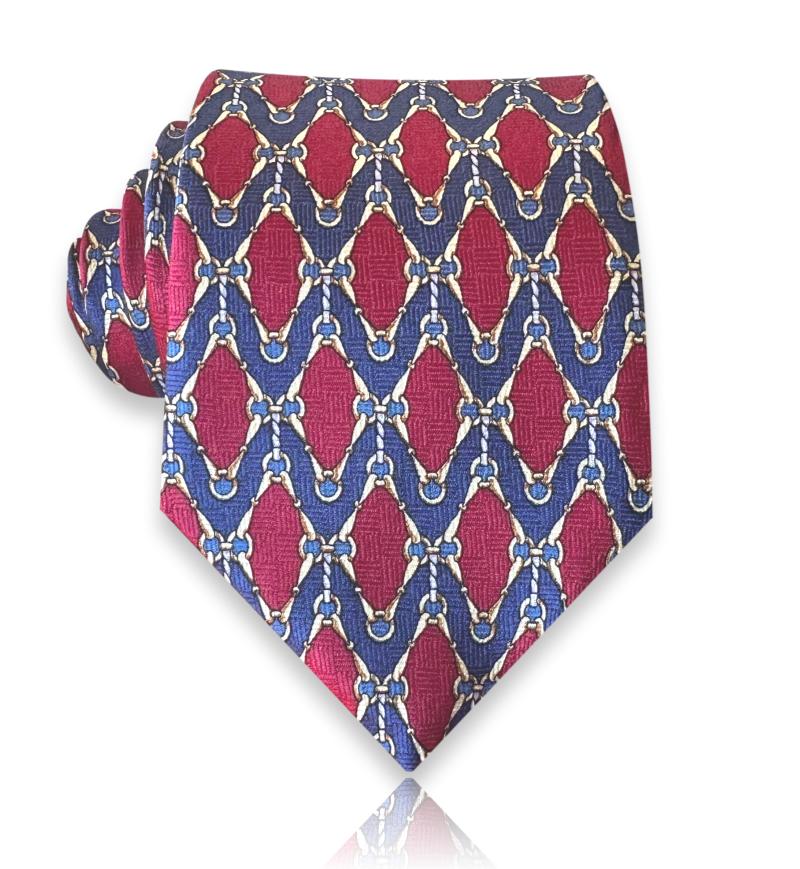Crimson and navy jacquard silk tie with gold ogee arches