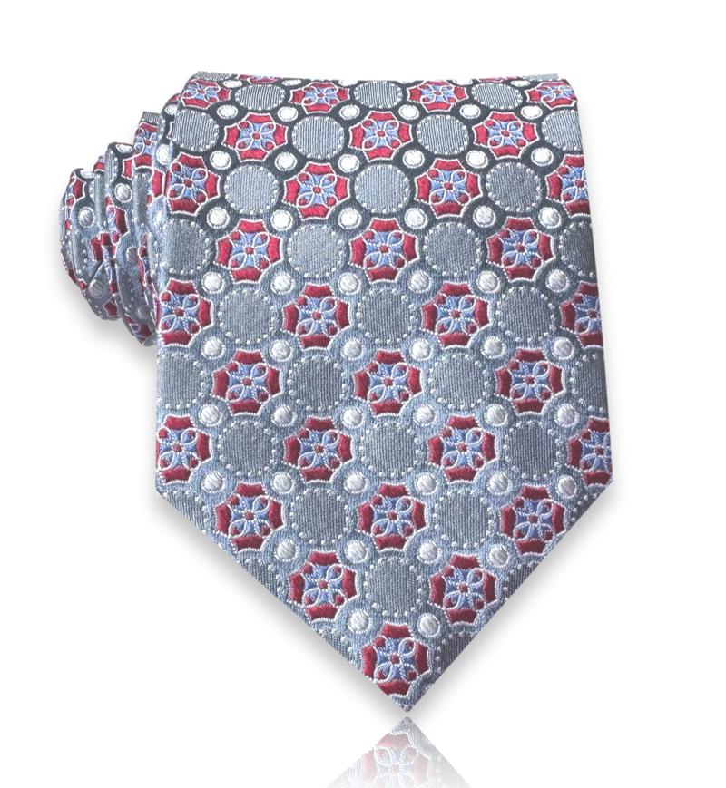 Silver jacquard silk tie with crimson rosettes and pearl dots