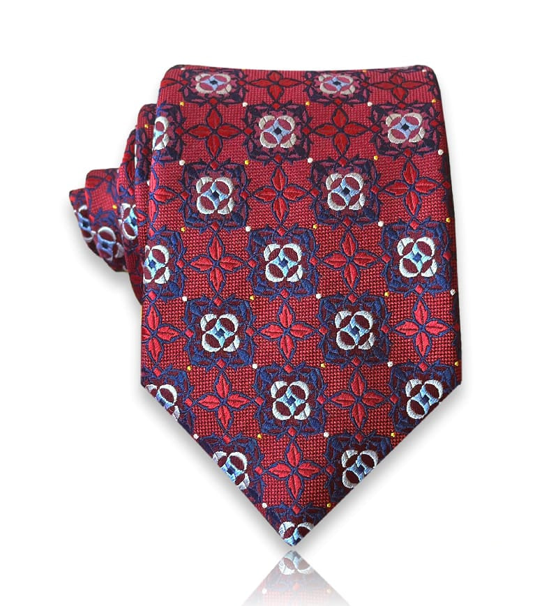 Crimson jacquard silk tie with navy floral medallions