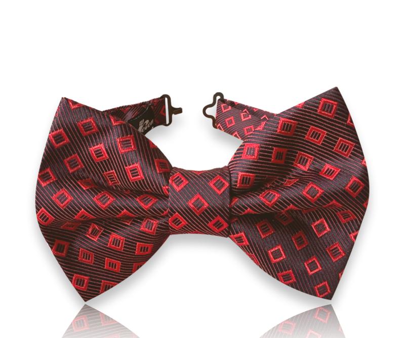 Burgundy silk bow tie with scarlet square outlines