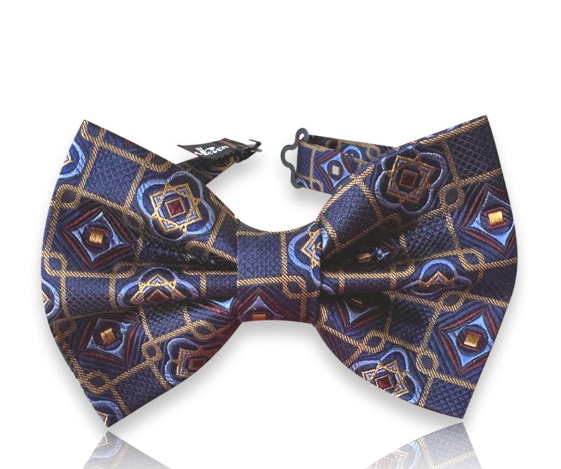 Navy silk bow tie with gold ornate medallions