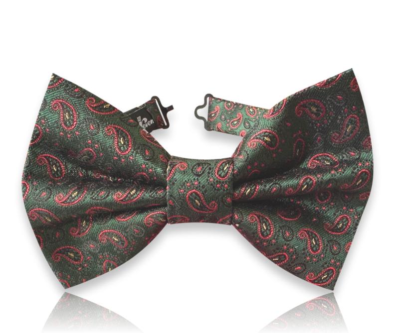 Forest green silk bow tie with crimson paisley