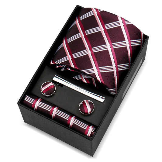 de Longueville - Classic Burgundy & White Plaid Stripe Tie