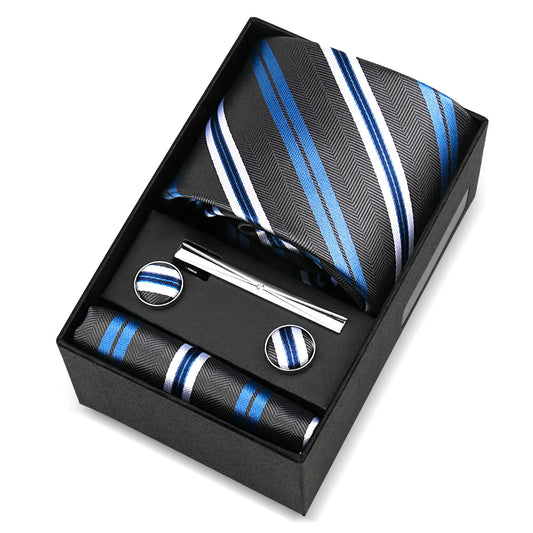 de Pontchartrain - Charcoal Black, Blue & White Stripe Tie Set