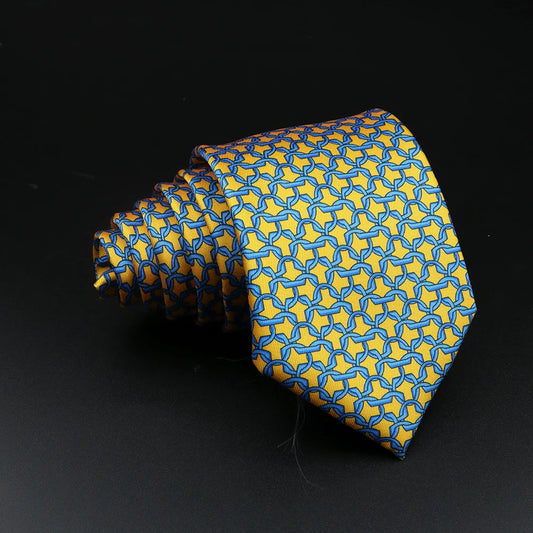 Cossé-Brissac - Golden Yellow and Blue Interwoven Patterned Necktie