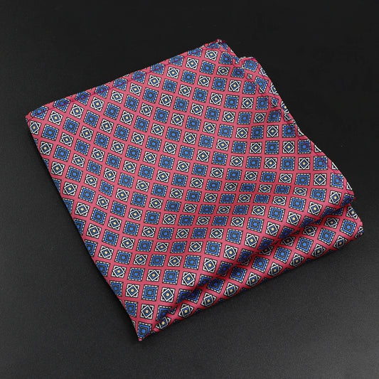 Bourbon-Montpensier - Red Pocket Square with Blue and White Geometric Pattern