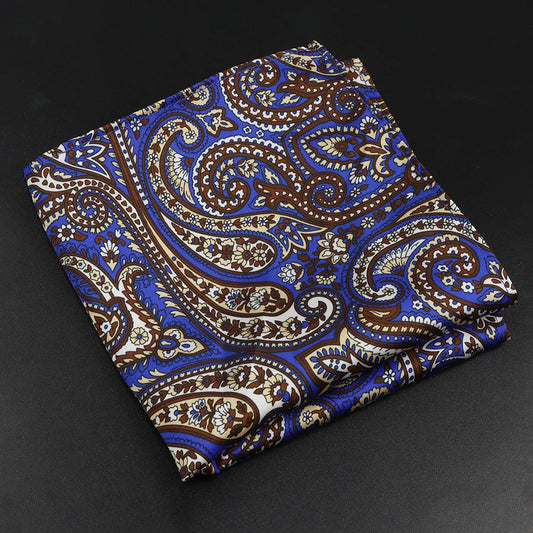 Tocco - Blue Pocket Square with Brown and Cream Paisley Pattern