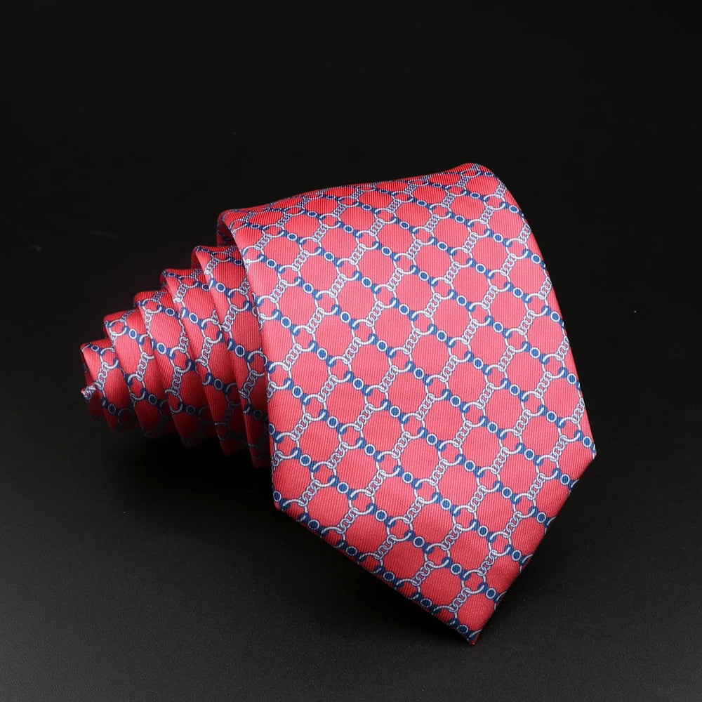 Crussol - Coral Red and Blue Chain-Link Patterned Necktie