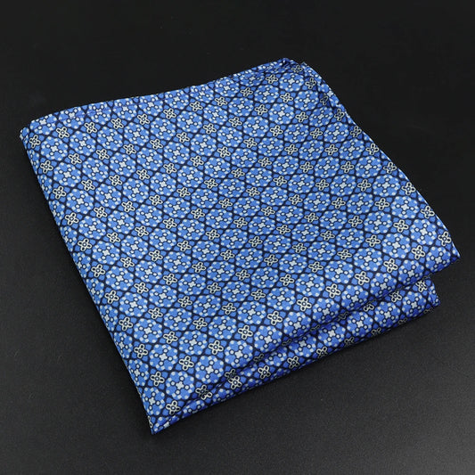 Rochechouart-Mortemart - Blue Pocket Square with White and Navy Floral Pattern