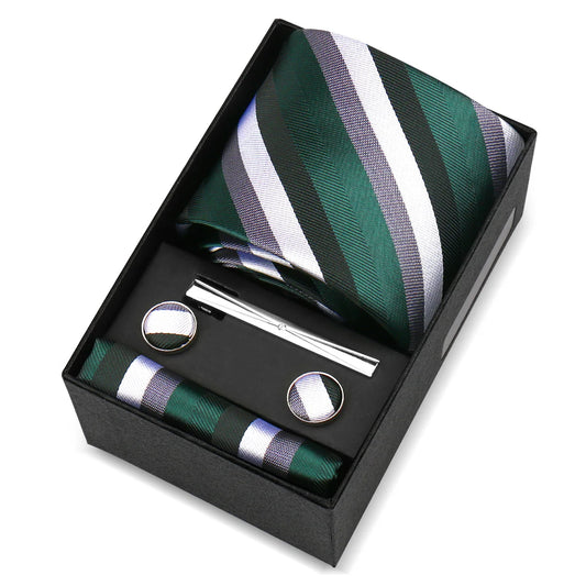 de Nesle - Emerald Green, Black & White Stripe Tie Set
