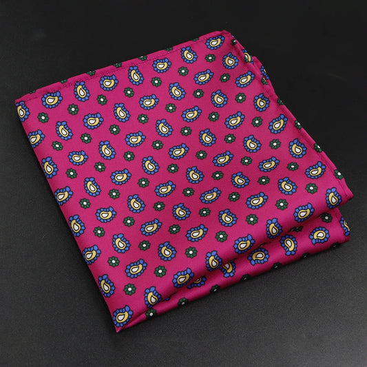 Castellane - Magenta Pocket Square with Yellow and Blue Paisley Pattern