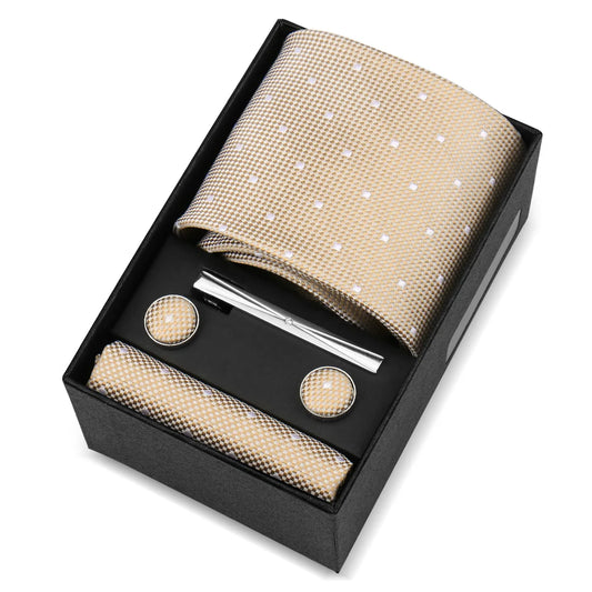 La Trémoille - Classic Beige & White Microcheck Polka Dot Tie