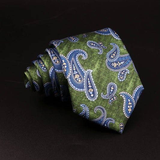 Avogadro - Blue Mosaic Paisley Tie on Olive Green Backdrop