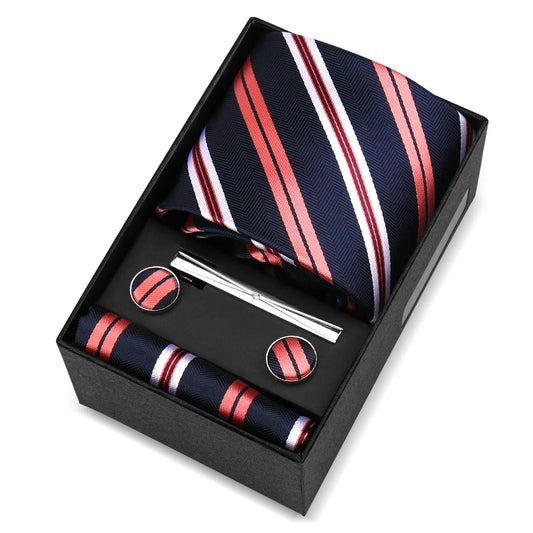 de Pontchartrain - Navy Blue, Coral Red & White Stripe Tie Set