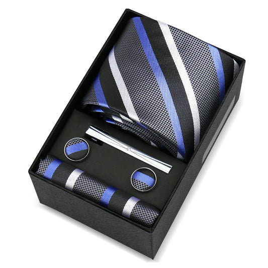 Bazin - Classic Blue, Black & Silver Block Stripe Tie