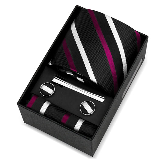 Bazin - Classic Black, White & Burgundy Striped Tie