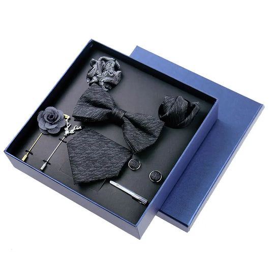 Bellefonds - Talisman Tie Set – Black Silver Textured Stripe Luxury Set