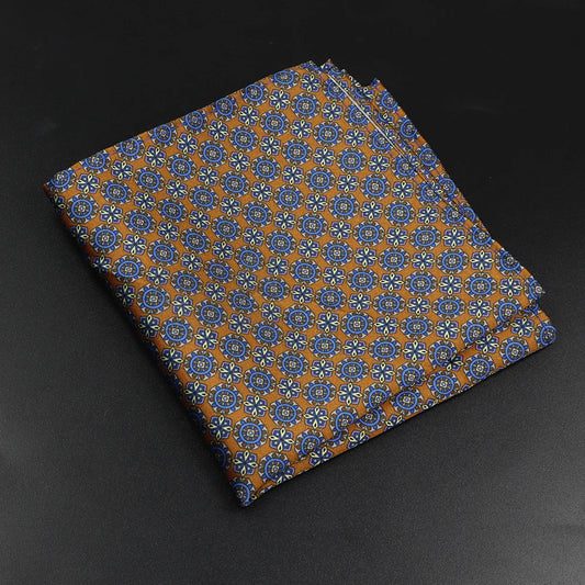 Joyeuse - Orange Pocket Square with Blue and Yellow Medallion Pattern