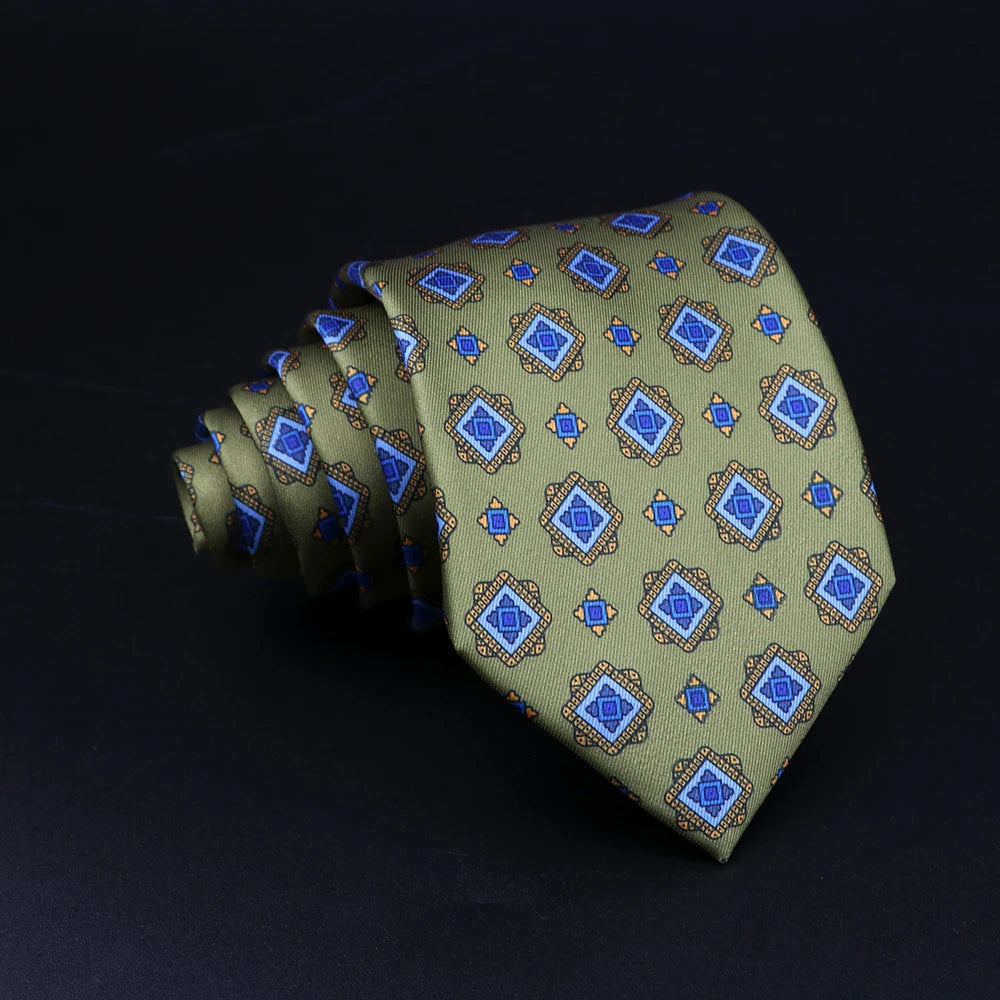 D'Avalos - Olive Tie with Blue and Gold Geometric Pattern