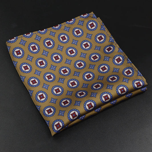 Berry - Beige Pocket Square with Blue and Red Medallion Pattern