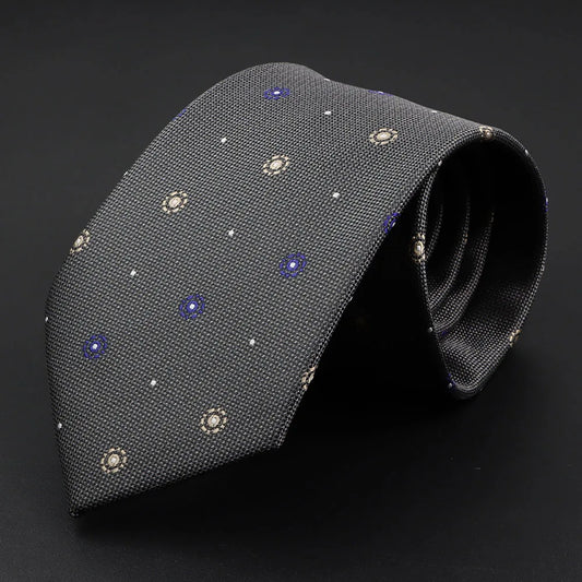 Montgommery - Charcoal Tie with Blue and Beige Floral Dots – Refined Sophistication