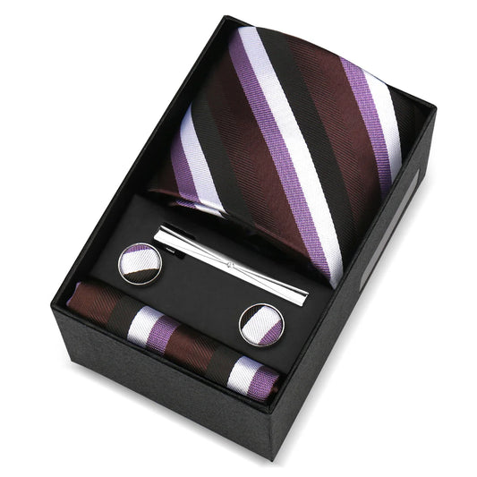 دي نيسلي - طقم ربطات عنق مخططة باللون البني الشوكولاتي واللافندر والأسود