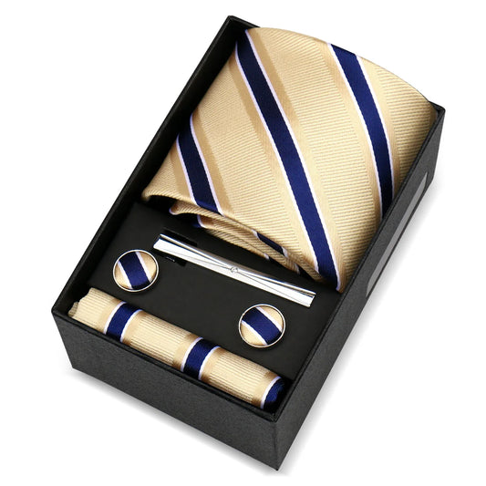 de Lévis - Champagne Gold & Navy Blue Stripe Tie Set