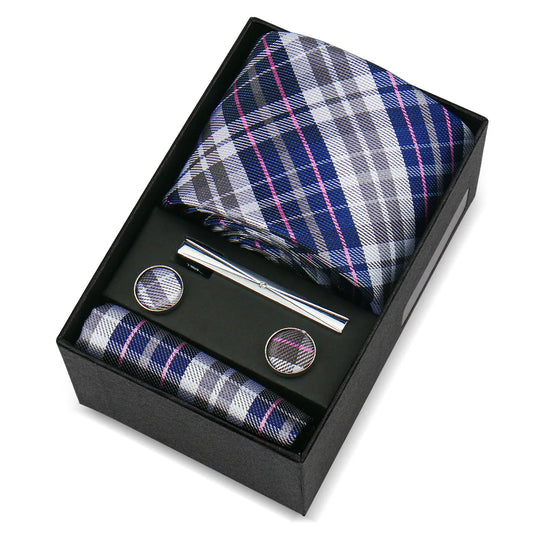 Blanchet - Classic Navy, Gray & Pink Tartan Plaid Tie