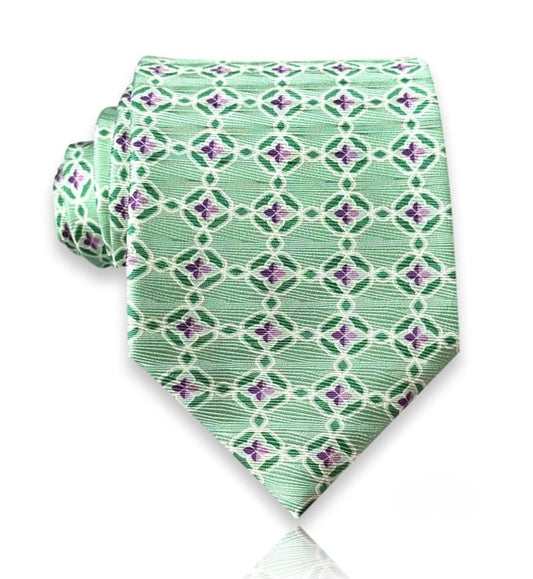 Beauchamp - Mint Green Silk Tie with White and Purple Motif – Fresh Sophistication with European Flair