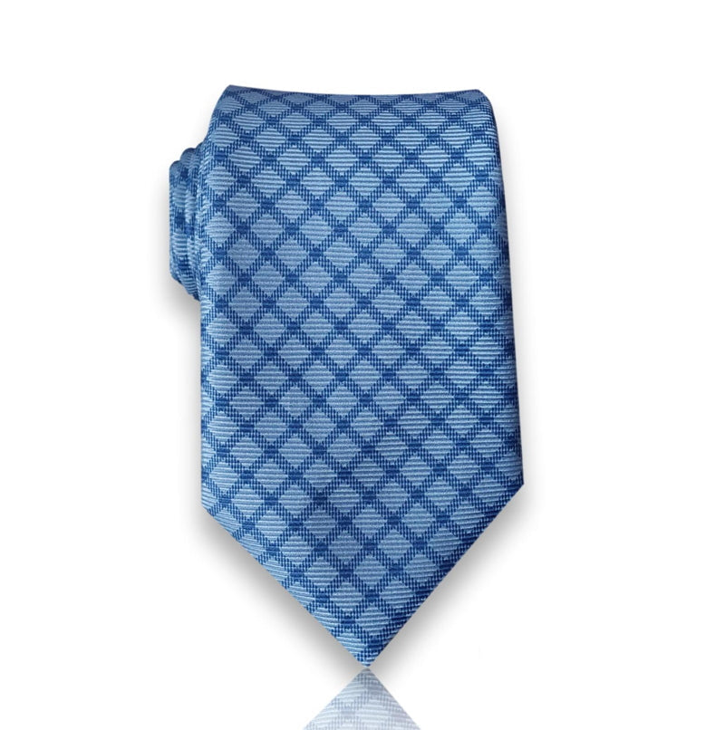 Steel blue silk tie with tonal windowpane check