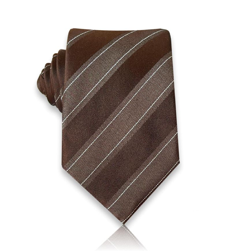 Chocolate brown silk tie with white pinstripes