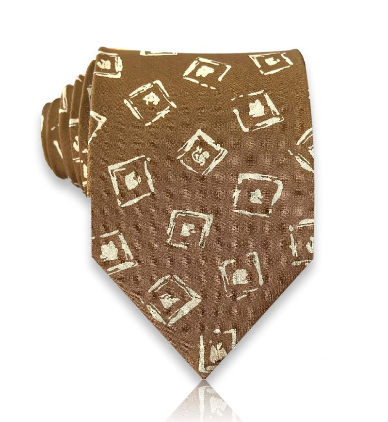 Caramel brown silk tie with cream square motifs