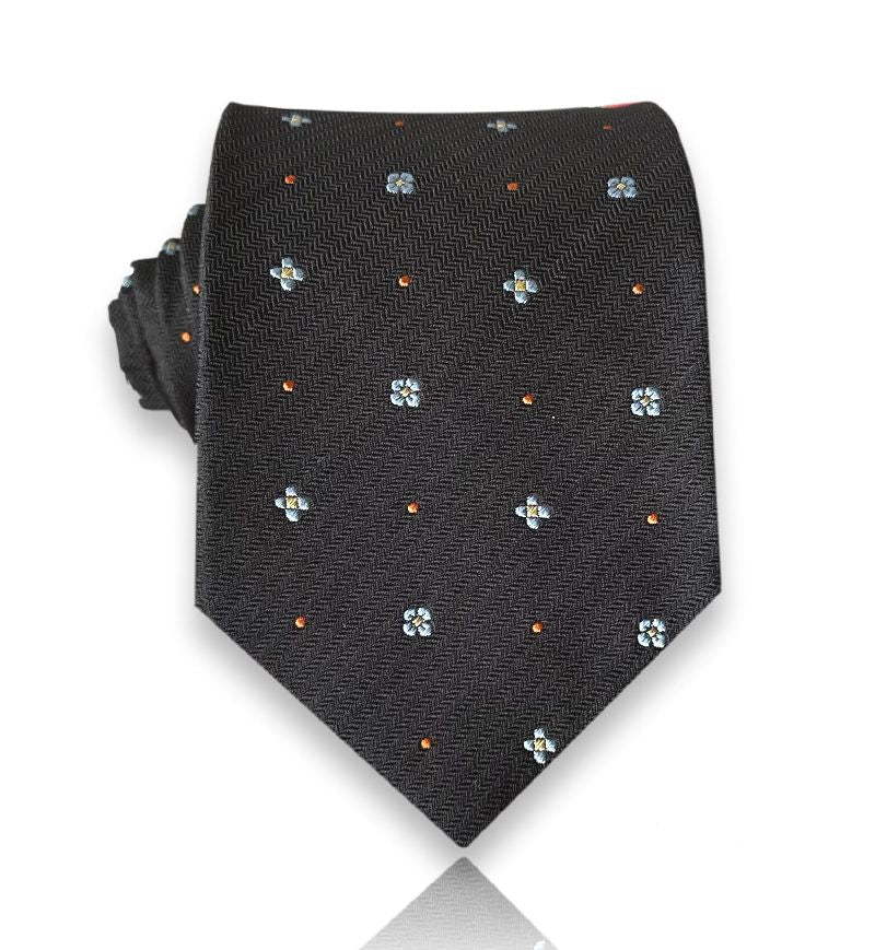 Charcoal silk tie with small blue and white floral neats