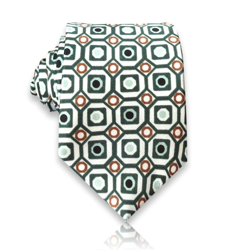 Ivory silk tie with green and copper octagon medallions