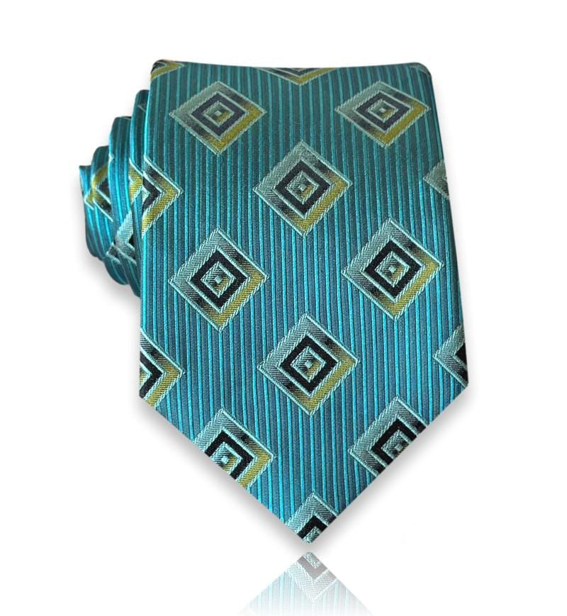 Teal silk tie with diamond medallion pattern
