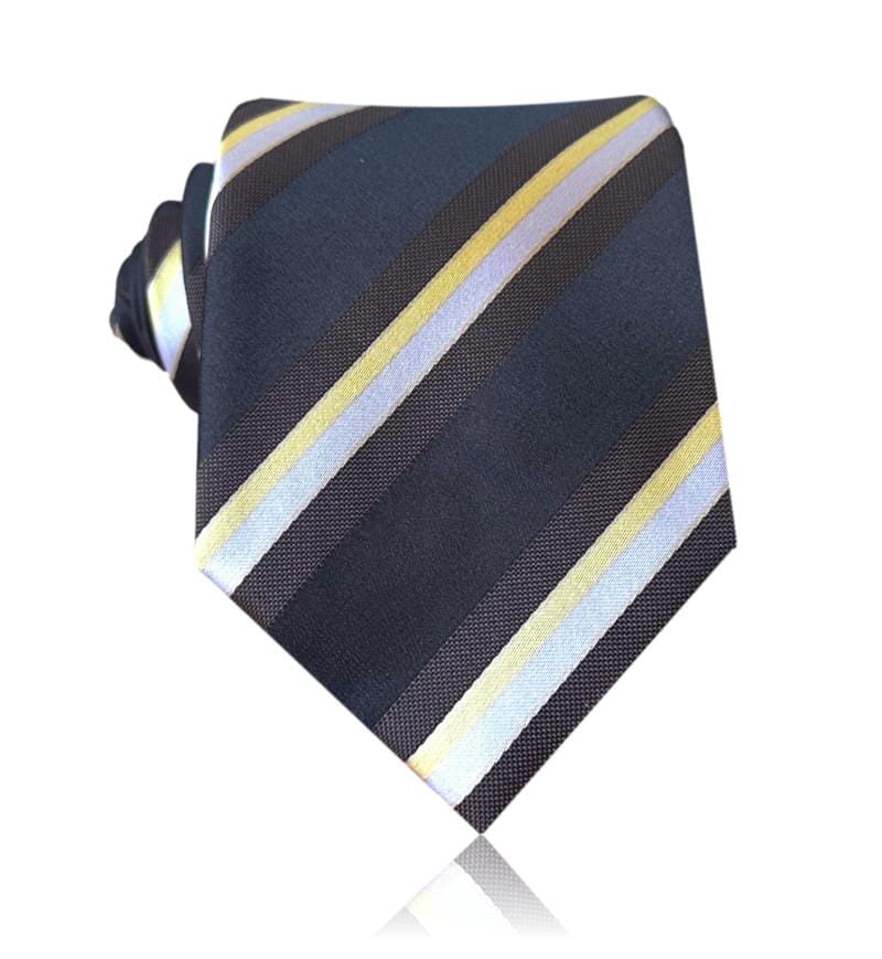 Midnight navy silk tie with gold and silver stripe